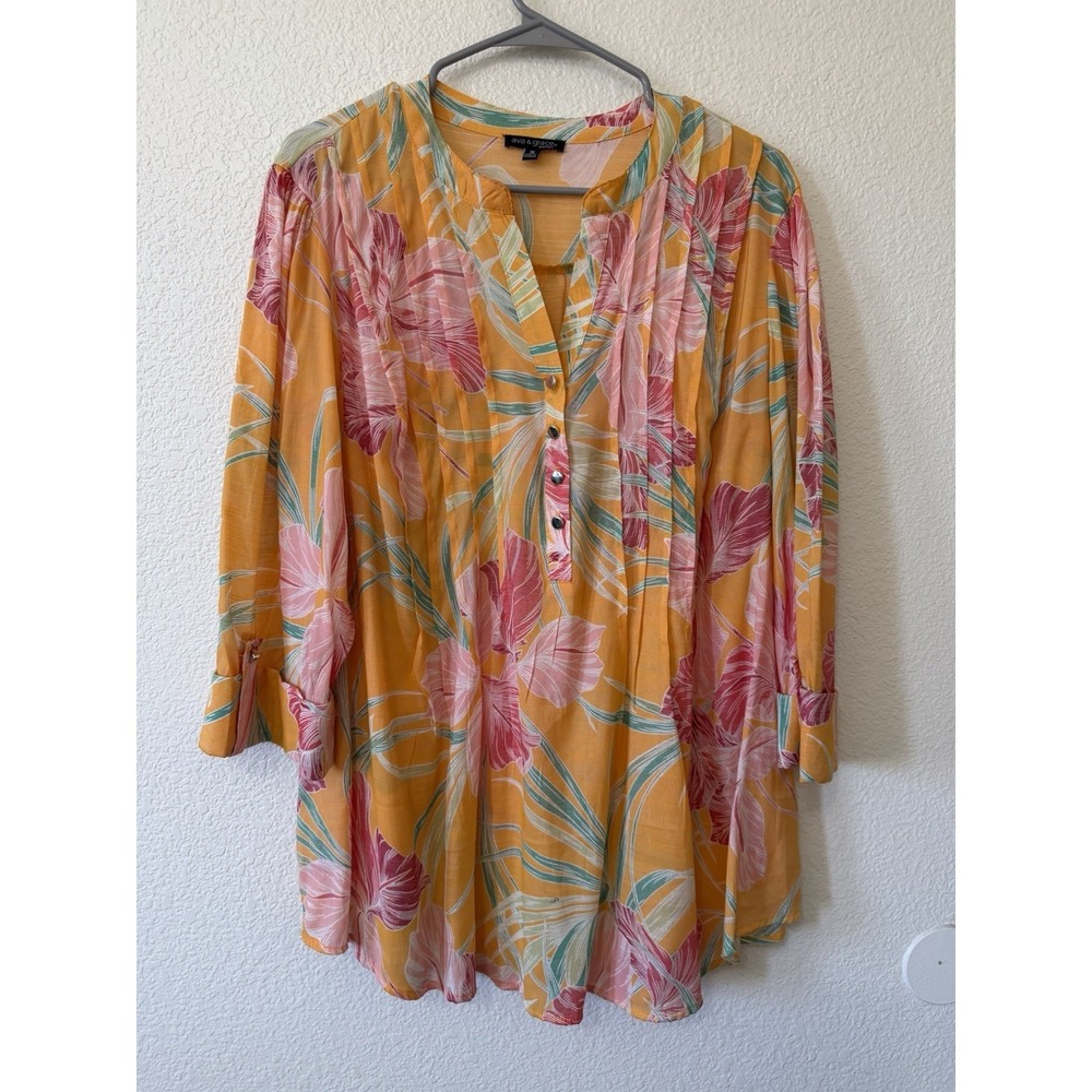 Ava & Grace 1X Floral Blouse Tropical Rayon 3/4 Sleeve Boho Orange Summer Resort - Picture 4 of 15
